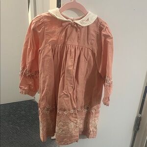 Girls Pink Embroidered Long-Sleeve Dress with Peter Pan Collar